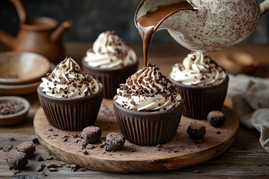 Chocolate Dessert Cups with Whipped Cream and Chocolate Drizzle