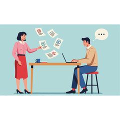 Business colleagues discussing documents and working on laptop.