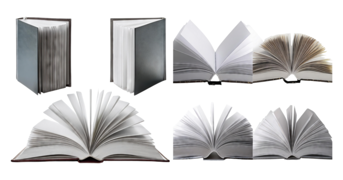 Multiple Orientations of Open and Closed Blank Books and Pages, Bundle Set Collection, Isolated on Transparent Background