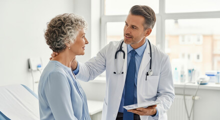 Doctor consulting with a senior patient in a clinic.