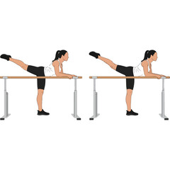 Woman performing leg lift exercise at ballet barre. © goesti
