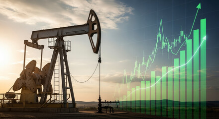 Oil pumpjack with rising chart overlay.