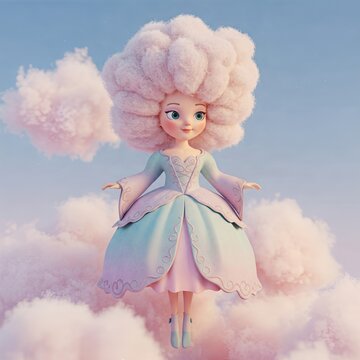 Cute Doll with Fluffy Pink Hair Floating Among Clouds