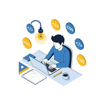 Web developer working on laptop with coding icons.