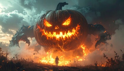 Fototapeta premium Fiery Halloween pumpkin monster rising from the flames, a lone figure faces the intense heat and fear in this apocalyptic autumn landscape