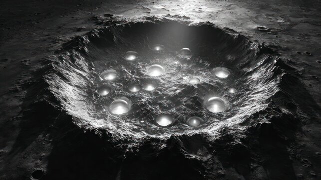 Lunar crater with glowing objects