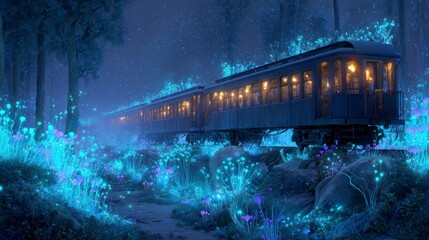 Magical train through glowing forest