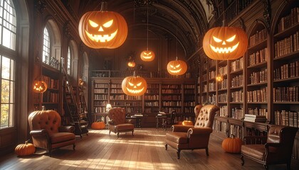 Step into a spooky Halloween night in a classic library with glowing jack-o'-lanterns, perfect for holiday promotions and seasonal decor inspiration