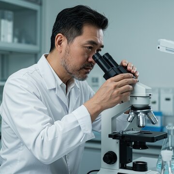 Scientist Examining Sample with Microscope in Laboratory