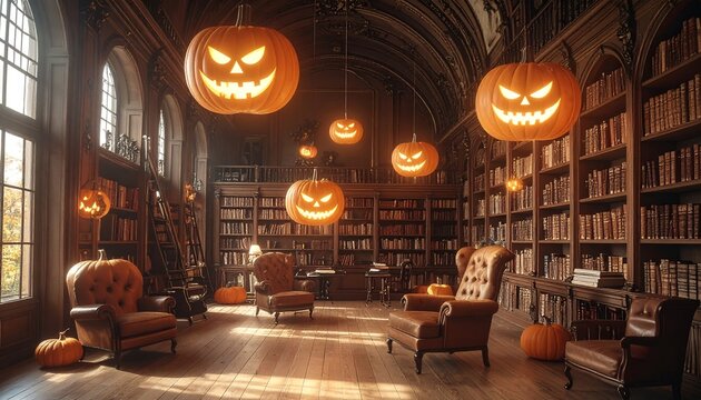 Step into a spooky Halloween night in a classic library with glowing jack-o'-lanterns, perfect for holiday promotions and seasonal decor inspiration