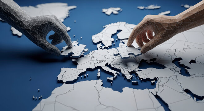 Hands interacting with a 3D Europe map.