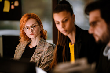 Professionals engaged in a serious discussion during a business meeting at a modern office in the...
