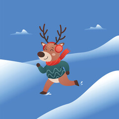 Reindeer Running in Winter Marathon – Cute Flat Vector Cartoon Illustration