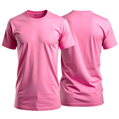 Front & back view of a blank, bright pink crew neck t-shirt on black background