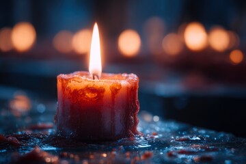 Lit candle with dripping wax on a surface warm light in background