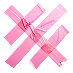 Pink, translucent, taped-together X shapes on black. Textured, wrinkled, and isolated