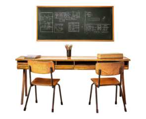 Vintage Classroom with Wooden Desks and Chalkboard for Education Use Isolated Transparent Background