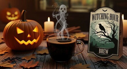 A spooky halloween scene with a pumpkin, coffee, and witching hour brew