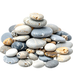 A pile of smooth, assorted river stones in shades of gray, brown, and white, isolated
