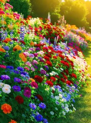 Vibrant Flowerbed in Full Bloom on a Sunny Day.