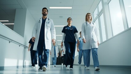Medical Team Stride: A diverse group of doctors and nurses walk purposefully down a brightly lit hospital corridor, ready to provide care.