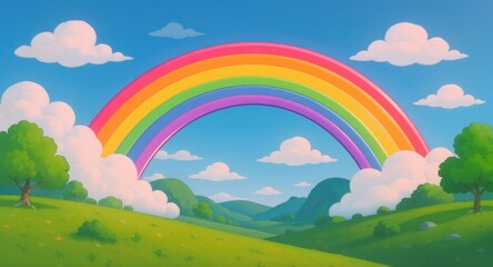 Vibrant Rainbow Over Lush Green Landscape.