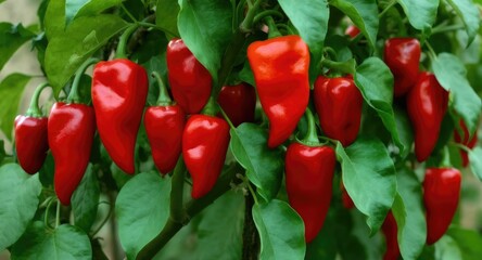 Vibrant Red Peppers Growing on a Lush Green Plant.