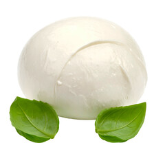 A fresh, round ball of creamy white dairy product with two green leafy herbs