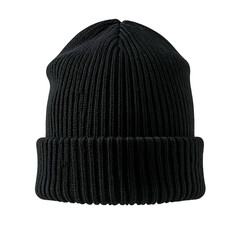 A frontal shot of a black ribbed beanie hat against a black background
