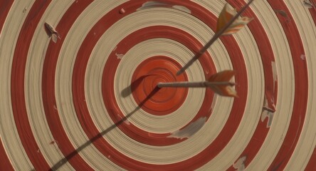 Vintage archery target with arrows hitting the bullseye.
