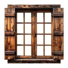 Rustic wooden window with open shutters; grid pattern panes, aged look, warm tones