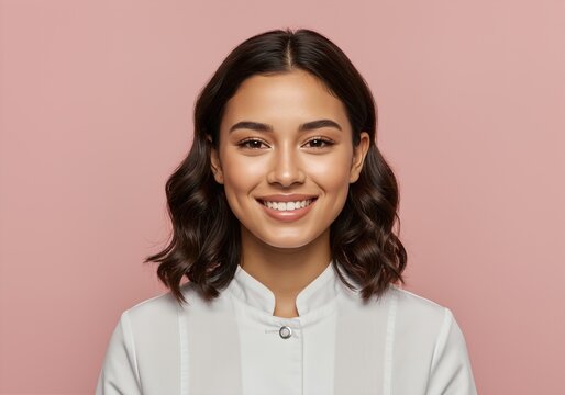 Smiling Young Woman with Curly Hair Wearing White Medical Coat