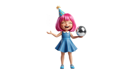 Happy girl in blue dress holding disco ball.