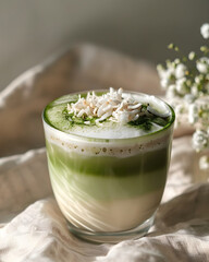 Iced matcha coconut cold brew layered with light green and white foam, topped with shredded coconut and matcha dust