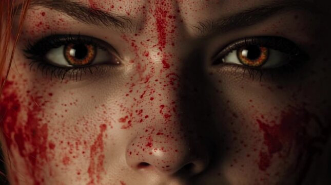 Closeup of a womans face covered in blood, creating a horror aesthetic