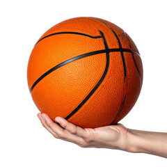 A basketball held in a hand against a black background, showcasing its texture and seams