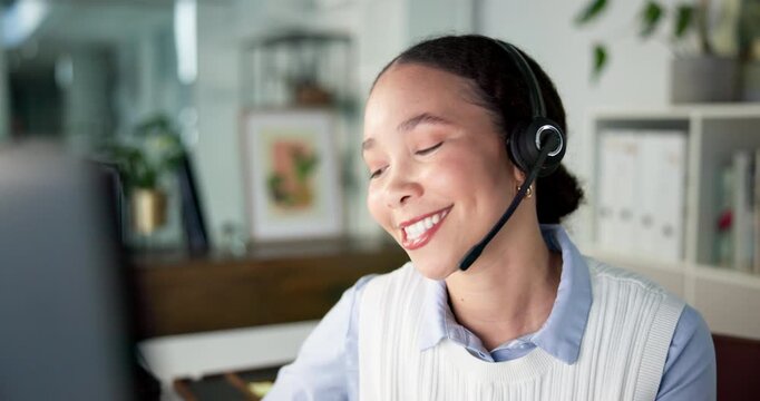 Computer, call center and happy business woman in office for faq, multilingual support and help desk. Smile, contact us and agent consulting for customer service, feedback and language translation