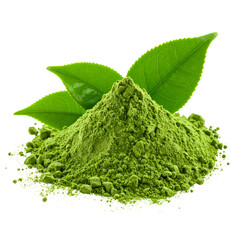 A vibrant pile of green powder with three fresh leaves against a black background