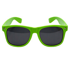 A pair of vibrant green sunglasses with dark lenses, set against a black background