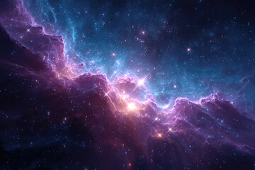 Purple blue nebula with bright stars cosmic cloud with sparkles