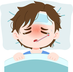 illustration of a sick boy in bed with a fever