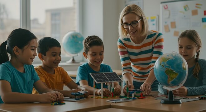 Teacher assisting students with science project involving solar panel and globe in classroom setting