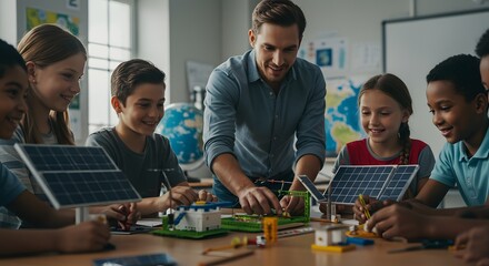 World Science Day for Peace and Development Teacher assisting students with a solar panel project in a classroom environment during a lesson