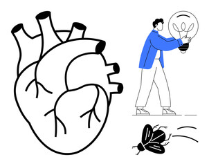 Line-art human heart, figure holding lightbulb symbolizing ideas, and insect in motion. Ideal for creativity, innovation, health, biology, energy, movement problem-solving simple flat metaphor