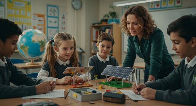 Teacher explaining solar panel models to diverse students in a classroom setting during a lesson - Powered by Adobe
