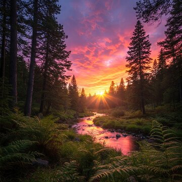 Colorful Sunset Over Forest Stream with Pines and Ferns