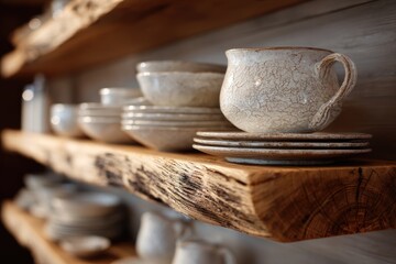 Fototapeta premium Rustic wooden shelves display handmade pottery plates bowls and a crackedglaze pitcher