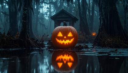 Spooky jack o lantern glows eerily in dark misty swamp with eerie reflections perfect for Halloween celebrations