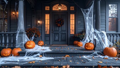 Obraz premium Spooky Halloween porch adorned with glowing jack-o'-lanterns, cobwebs, and autumn leaves creates a thrilling, festive atmosphere for trick-or-treaters and parties.