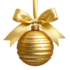 Shiny gold ornament with a decorative ribbon, perfect for Christmas tree decorations
